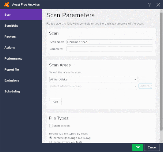 Avast Free Antivirus scanning custom scans