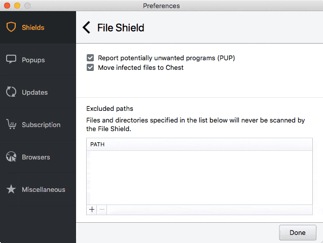 Avast Security for Mac settings