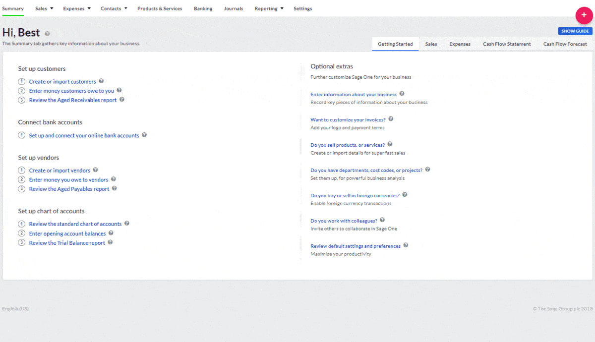 Sage One's summary page