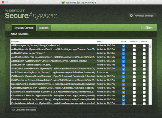 Utilities in Webroot SecureAnywhere's Mac version