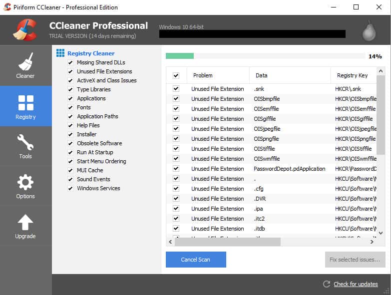 CCleaner scanning registry
