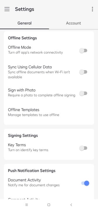 DocuSign mobile app settings