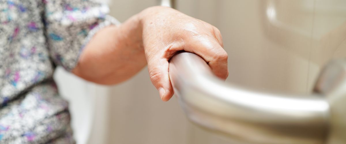 Elderly woman on the toilet with a grab bar