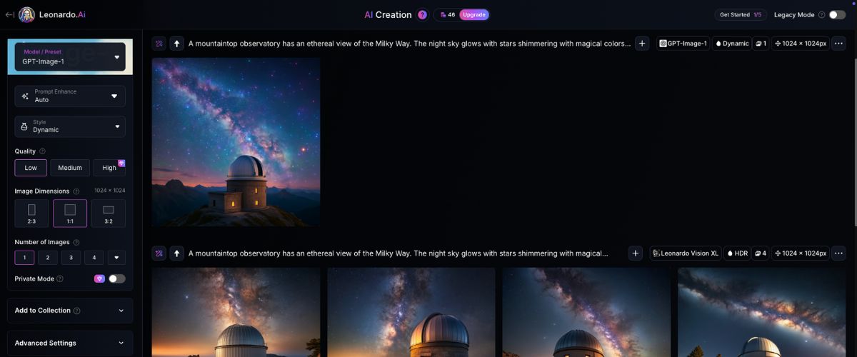 Leonardo AI image generator dashboard