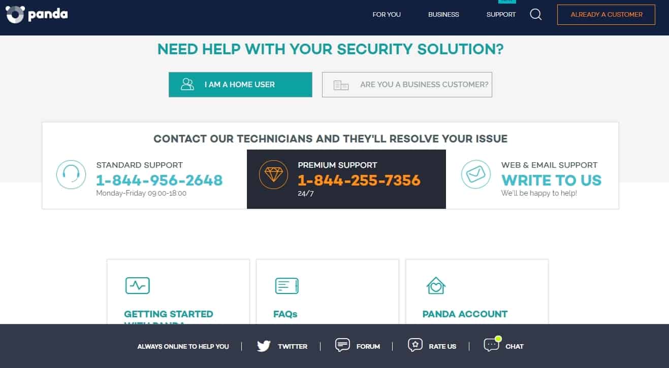 Support page for Panda Free Antivirus