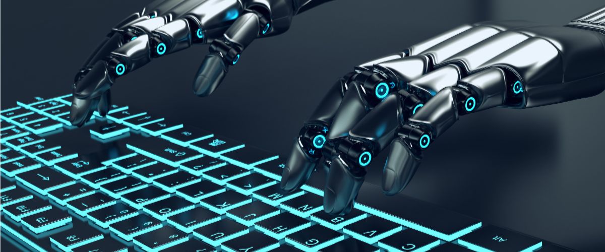 Robot typing on illuminated keyboard