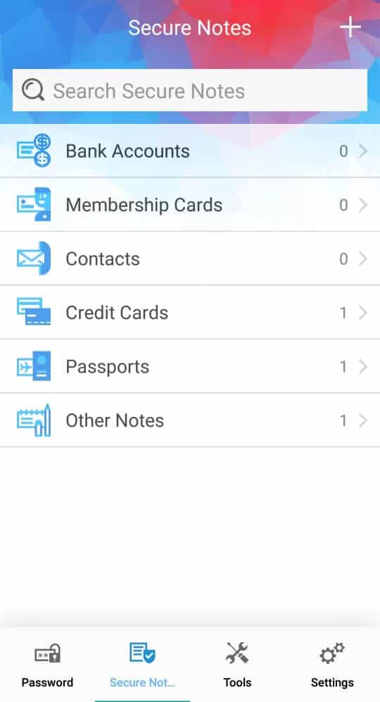 Secure notes in the Trend Micro password manager app