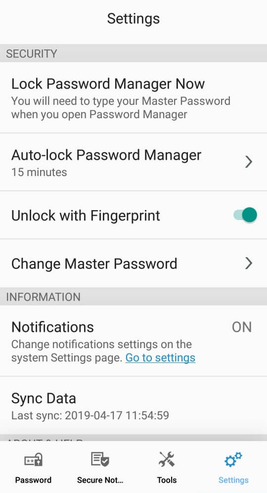 Security settings in the app