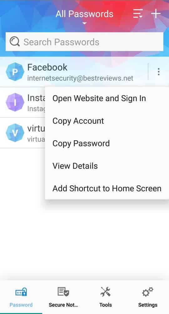 Shortcut option for saved passwords in the app