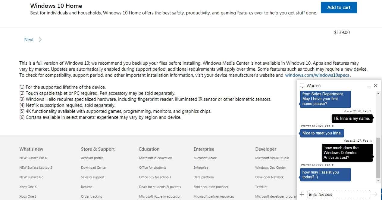 Customer service for Windows Defender Antivirus