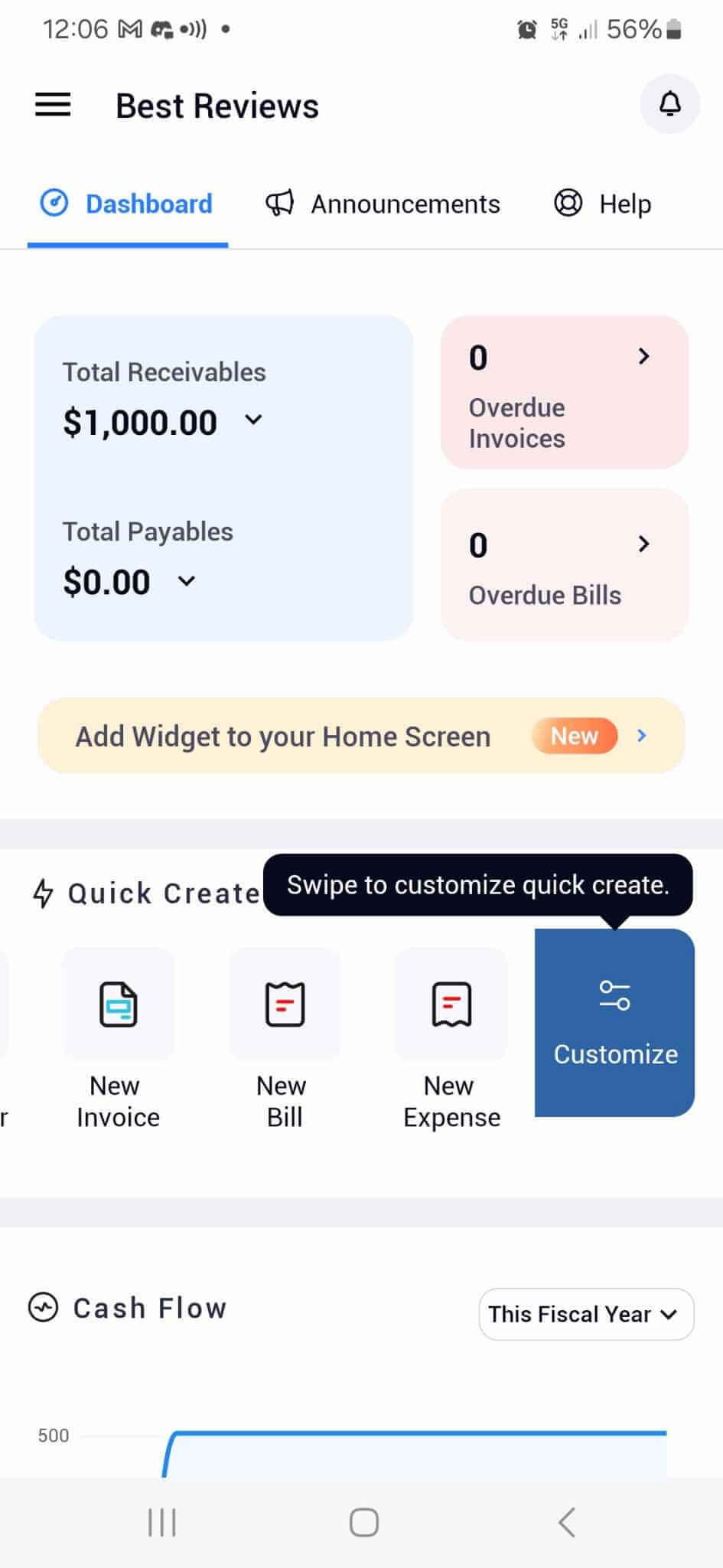 Zoho Books mobile app dashboard