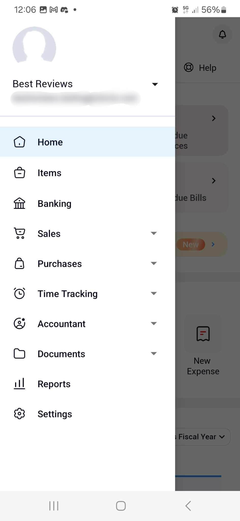 Zoho Books mobile app menu