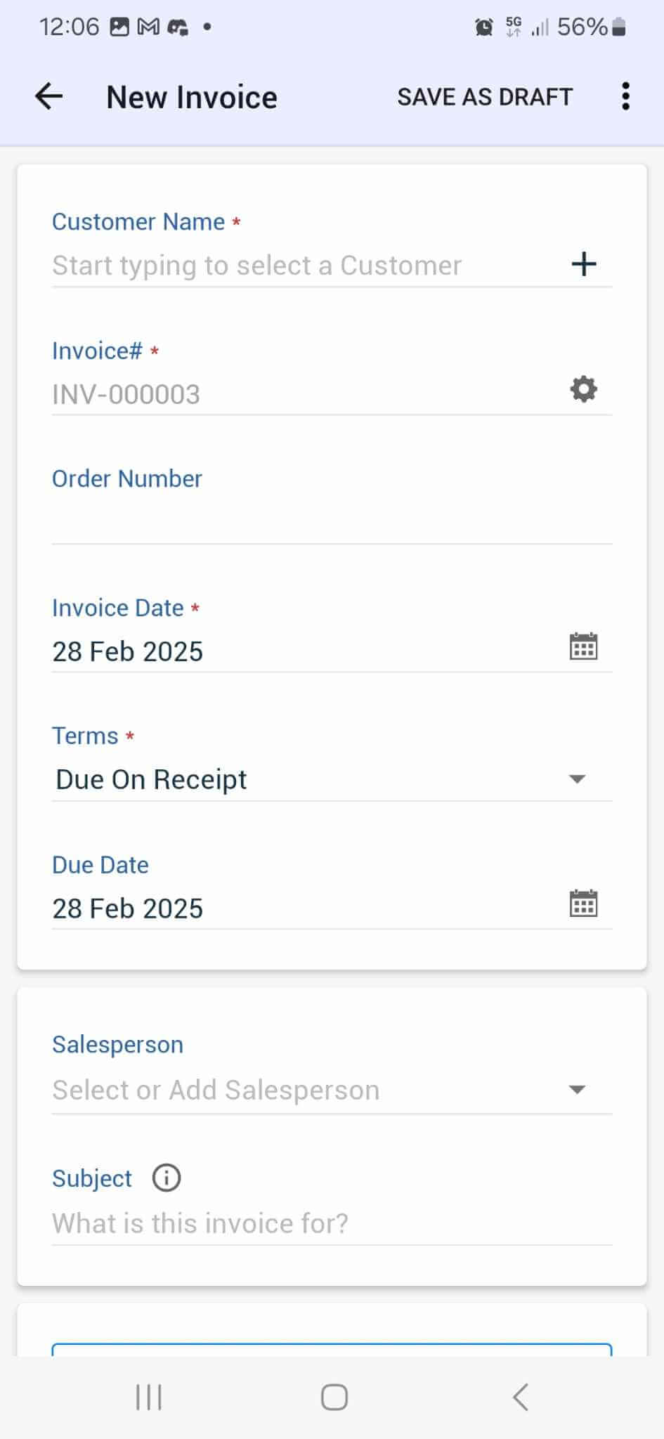 Zoho Books mobile app new invoice