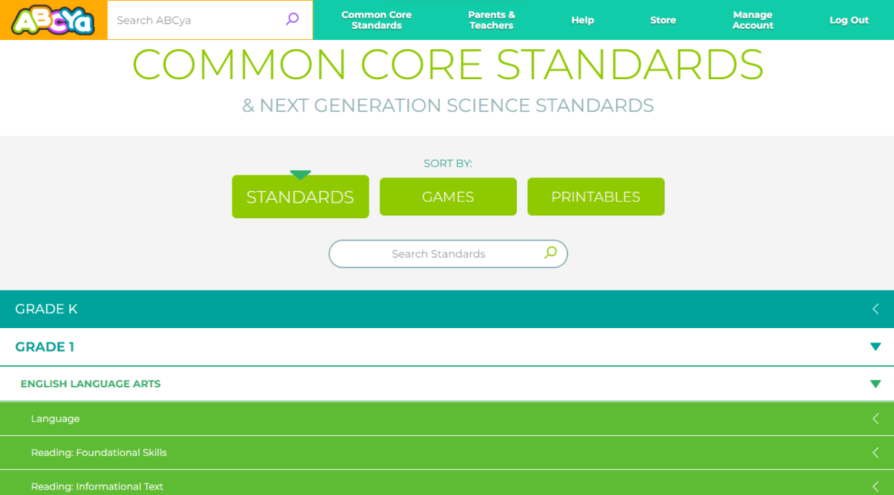ABCya common core standards page