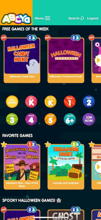 ABCya mobile interface