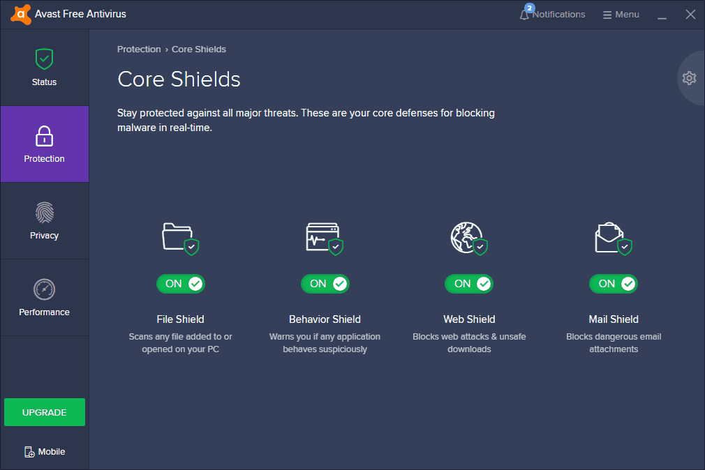 Avast Free Antivirus features core shields