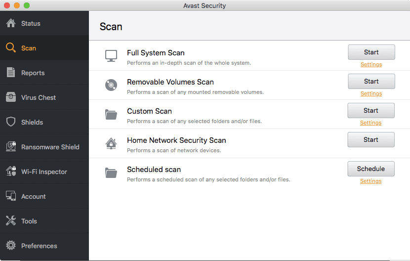 Avast Free Antivirus mac interface