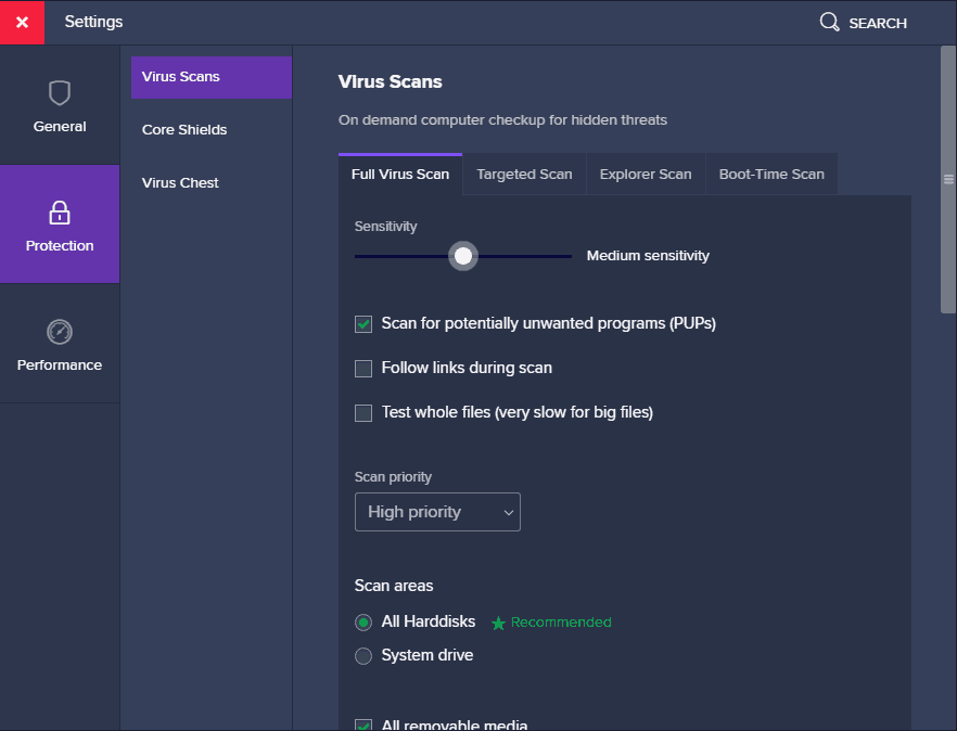 Avast Free Antivirus scanning full scan customization