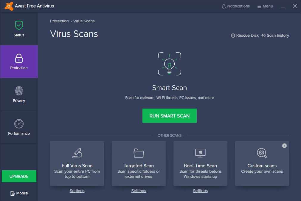 Avast Free Antivirus scanning options