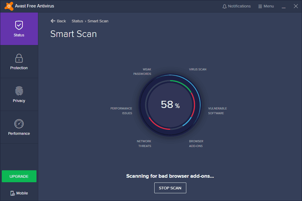 Avast Free Antivirus scanning smart scan in progress