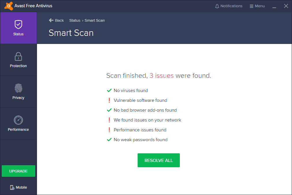 Avast Free Antivirus scanning smart scan results