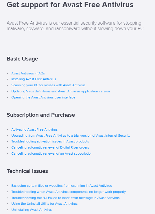 Avast Free Antivirus support faq