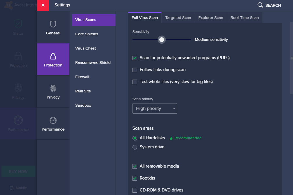 Avast Internet Security antivirus settings