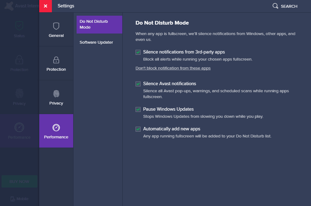 Avast Internet Security security do not disturb settings