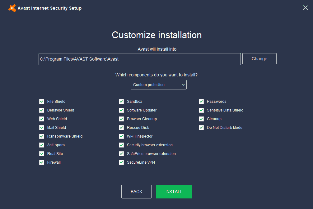 Avast Internet Security installation customization