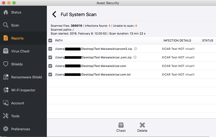 Avast Security for Mac full scan results