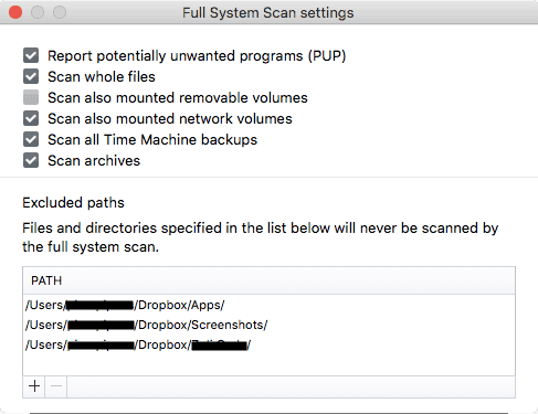 Avast Security for Mac antivirus scan settings