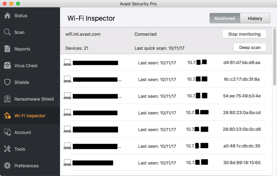 Avast Security for Mac wifi inspector