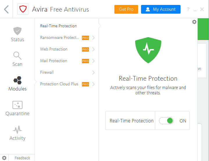 Avira Free Antivirus real time protection