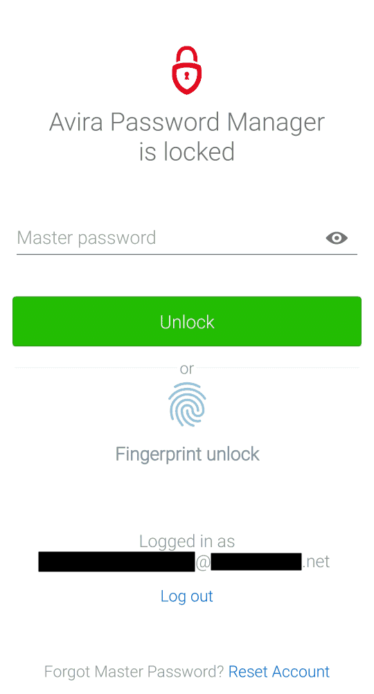 Login options to the Avira Password Manager app