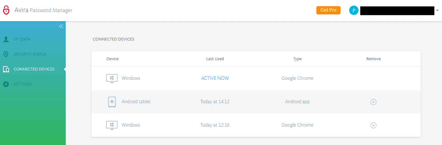 Activity monitoring in Avira Password Manager