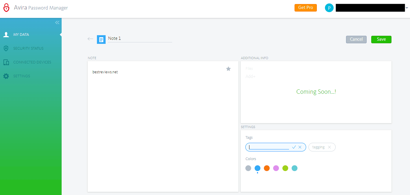 Creating a note in Avira Password Manager