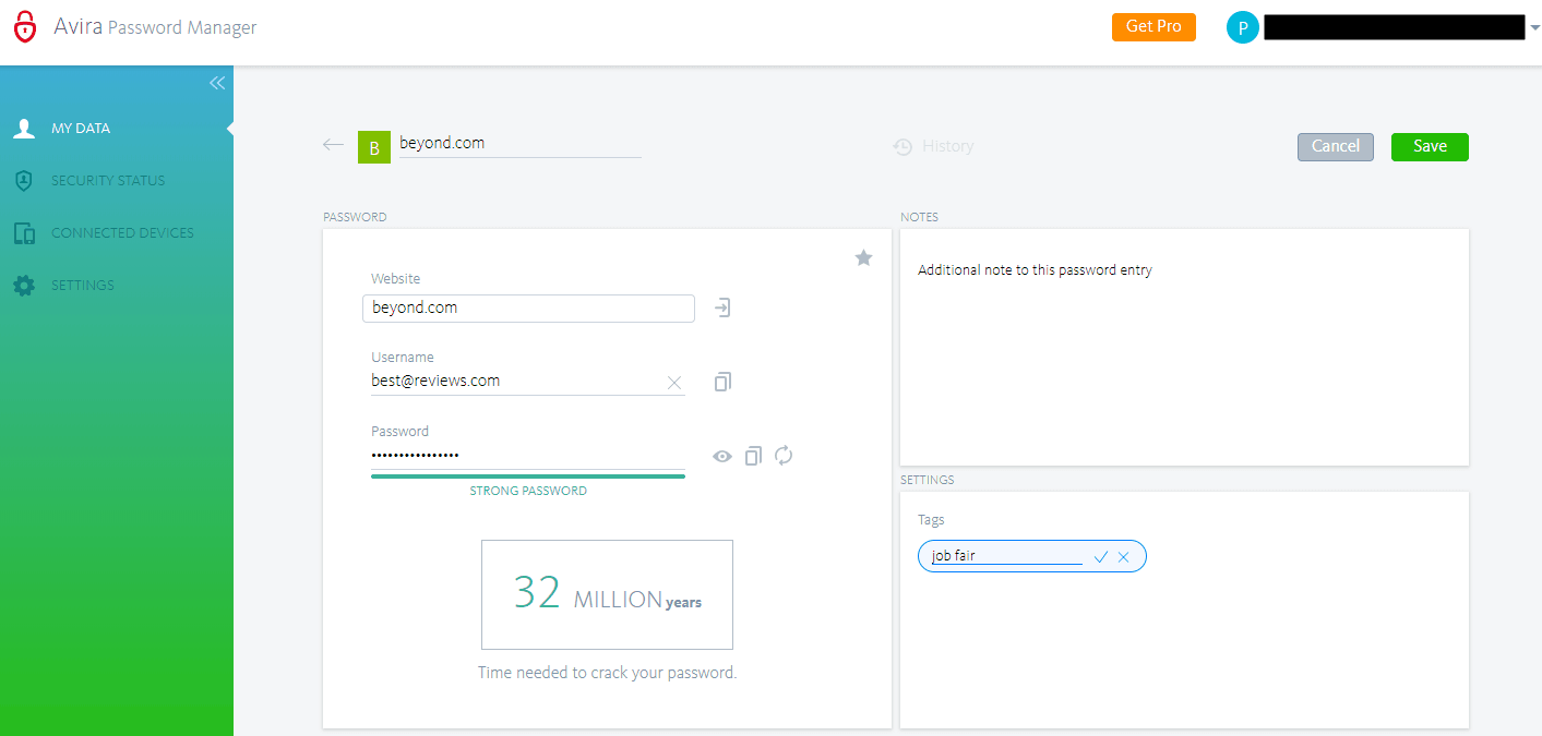 Editing a password entry in Avira