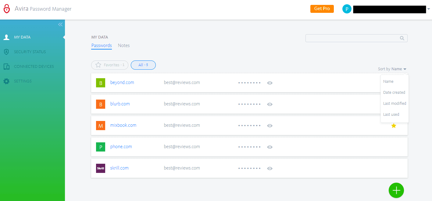Passwords in Avira Password Manager
