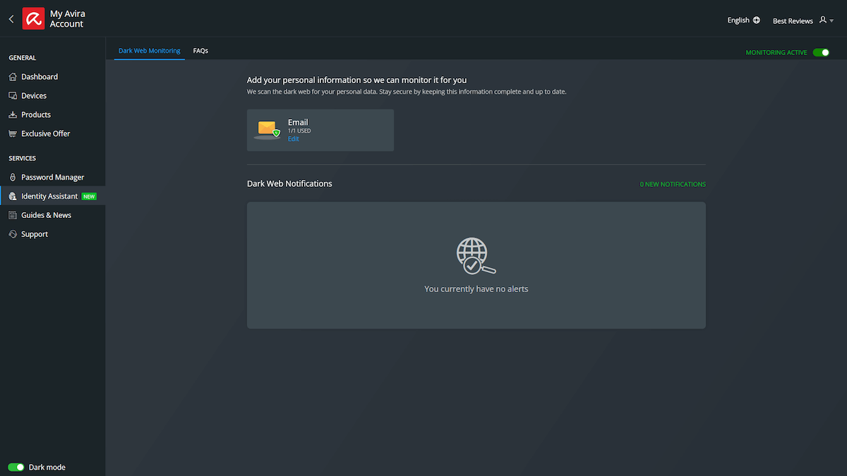 Avira Prime dark web monitoring