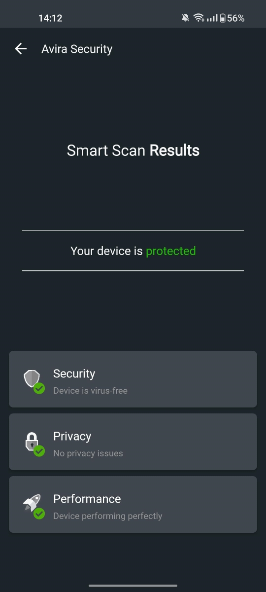 Avira Prime mobile start scan results