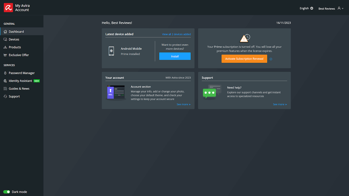 Avira Prime online dashboard