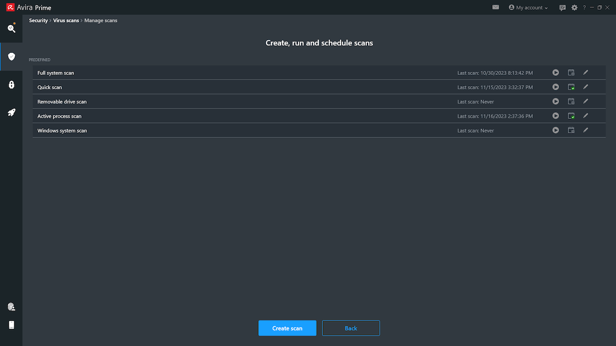 Avira Prime scan options