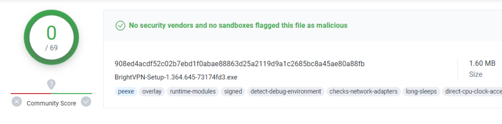 Bright VPN virus total test
