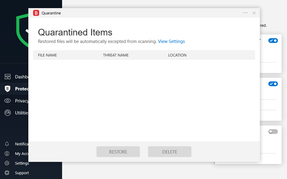 Bitdefender Antivirus Plus quarantine