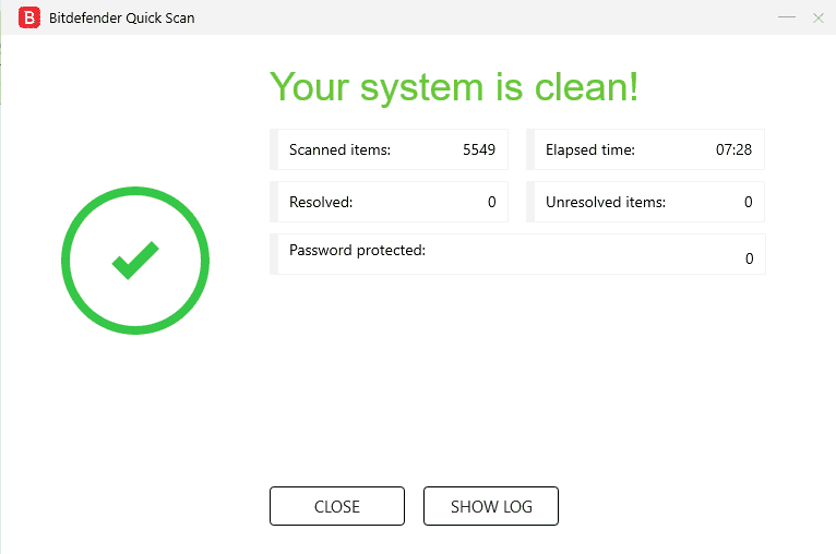 Bitdefender Antivirus Plus scan results