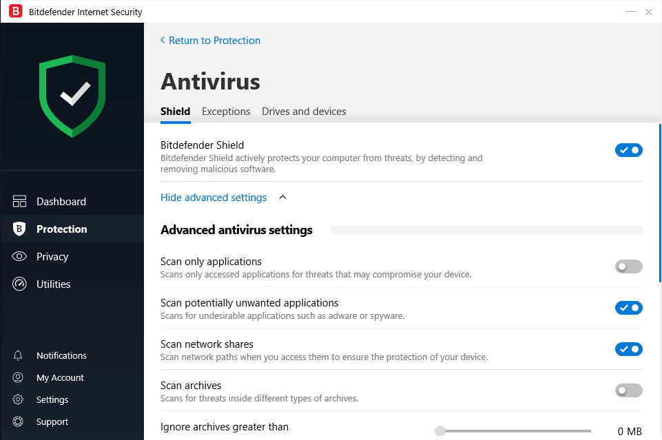 Bitdefender Internet Security antivirus settings