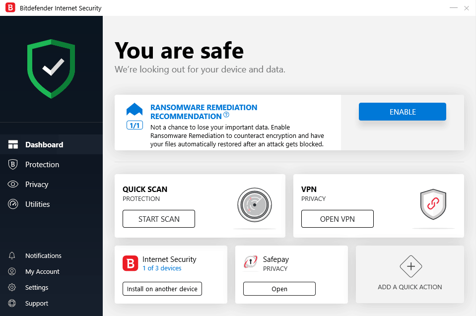Bitdefender Internet Security dashboard