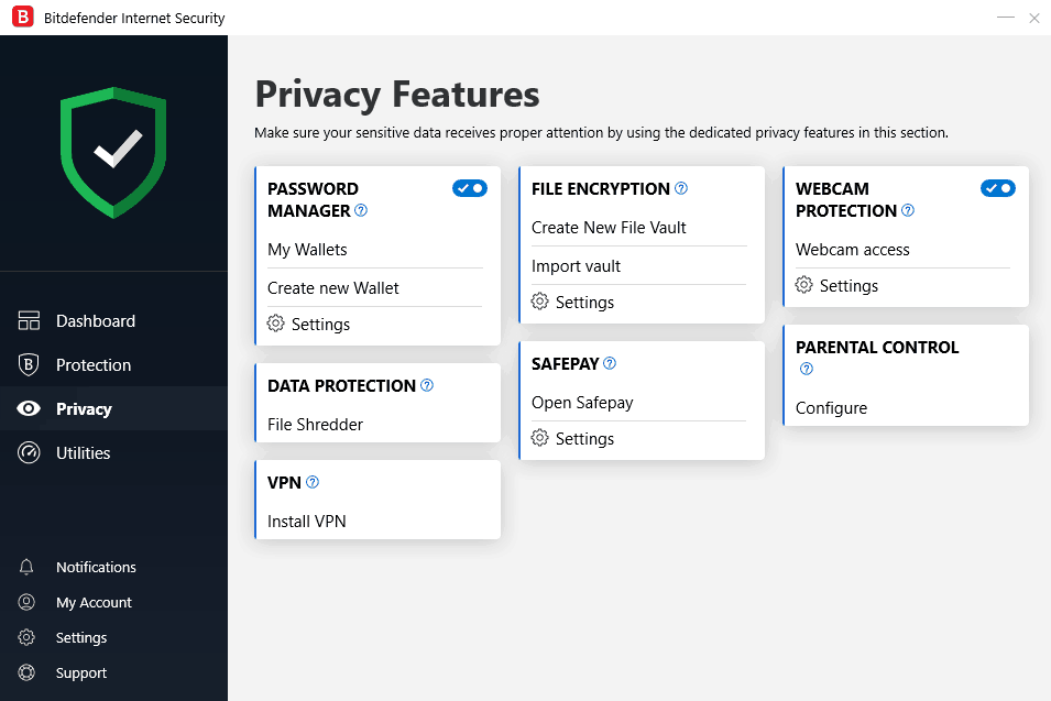 Bitdefender Internet Security privacy features