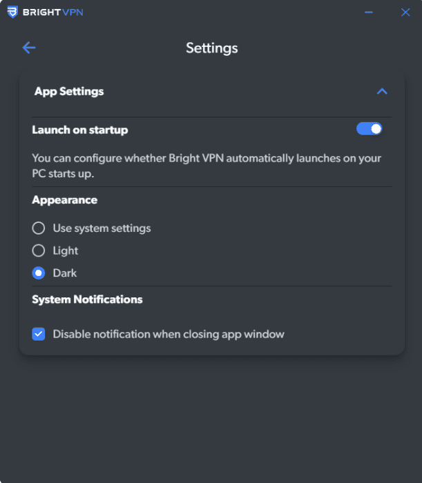 Bright VPN settings menu