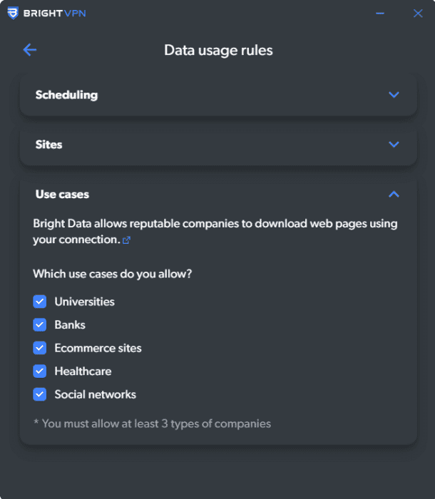 Bright VPN data usage rules